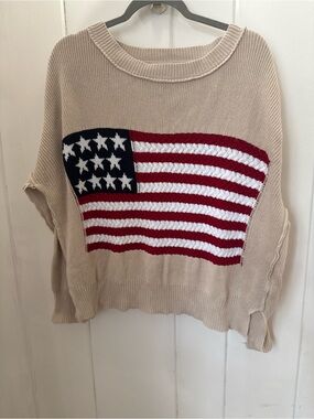 Miracle Beige Knit Sweater with Red White and Navy Flag Motif